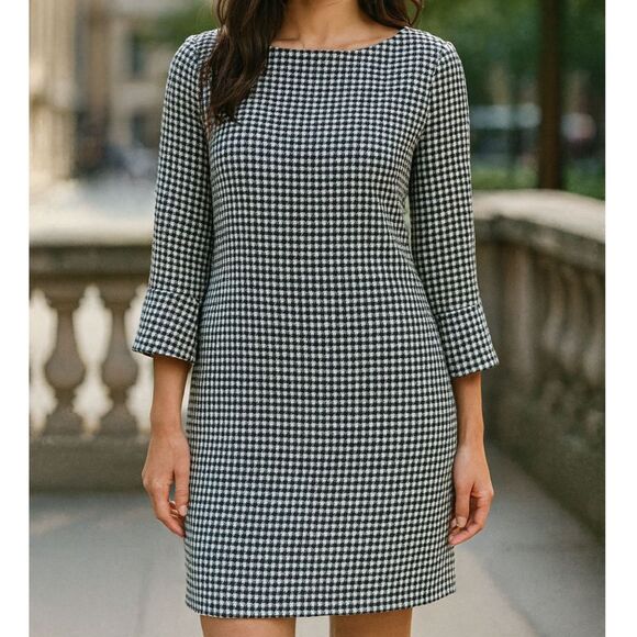 H&M Modern Chic Houndstooth Black & White Mini Shift Dress 3/4 Sleeve Size 6 Med - Picture 1 of 10